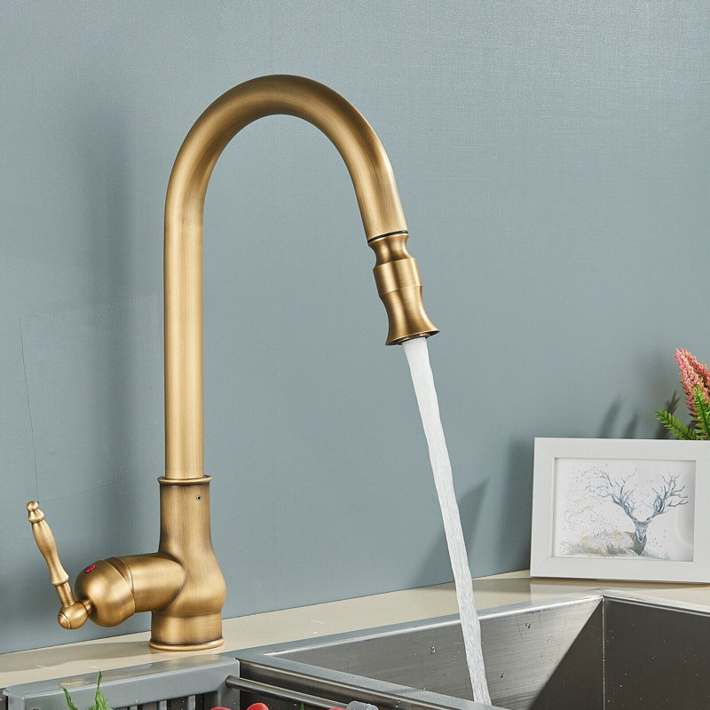 Senlesen Antique Brass Kitchen Faucet Pull Down Sprayer Single Handle ...